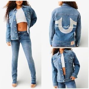 True Religion Oversized Denim Metallic Logo Jacket